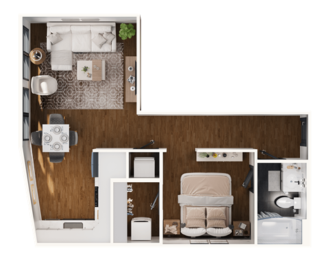 Floor plan for studio, 1 bath, 649 sqft